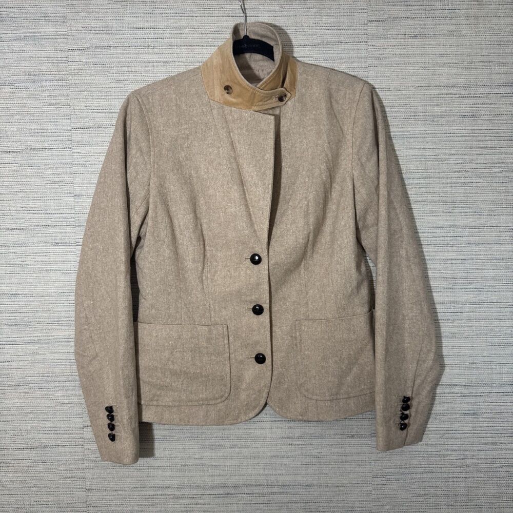 Isaac Mizrahi Beige Wool Blend Button Blazer Funnel Neck Jacket Coat Women's M